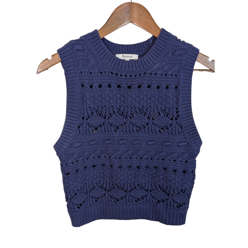 Madewell Crochet Open Knit Fresh Blueberry Blue Sweater Vest Size XS - Picture 2 of 8
